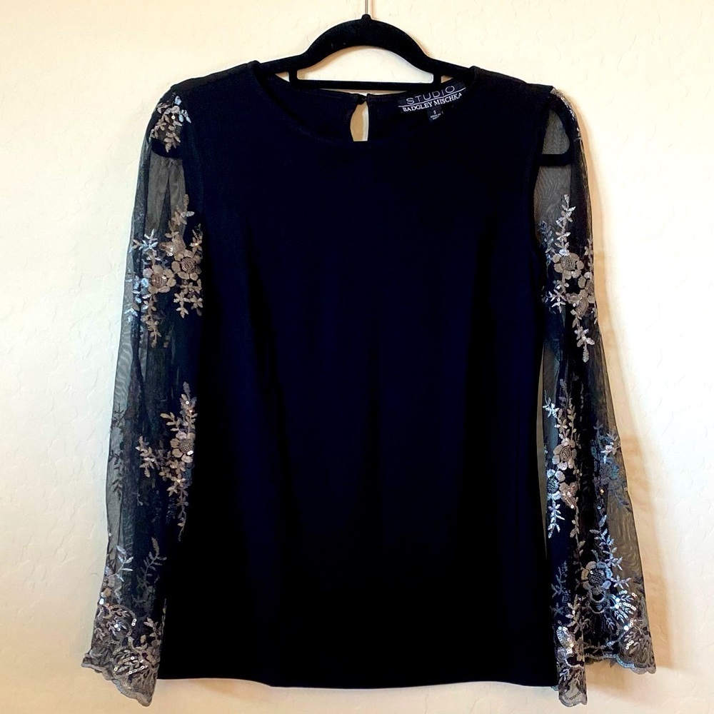Badgley Mischka black silver embellished blouse size S